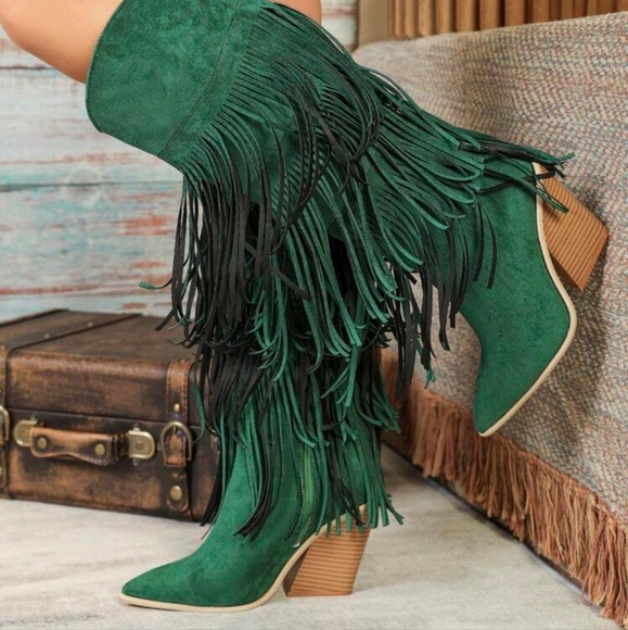 Shoes - Fashion Green Knee-High Geometric Fringed Comfortable Faux Suede Thick Heel Boot
